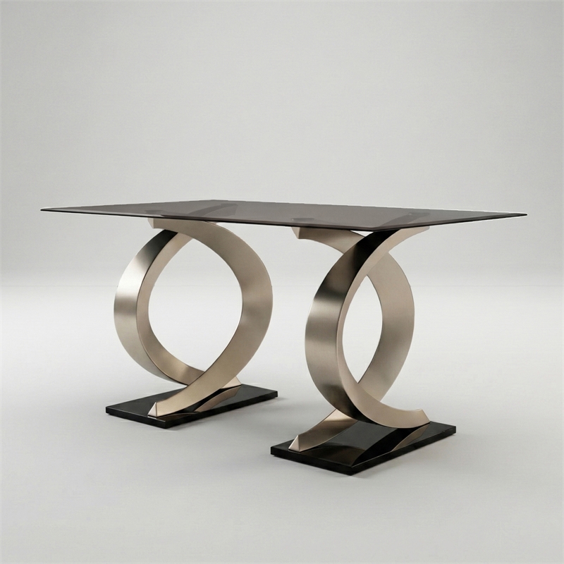 Furniture of America Saginaw Double Pedestal Glass Top Dining Table in Gray