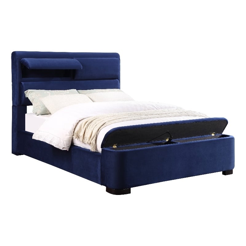 Furniture of America Fremont Contemporary Fabric Full Bed with Storage in Navy