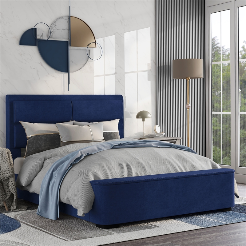 Furniture of America Fremont Contemporary Fabric Queen Bed with Storage in Navy