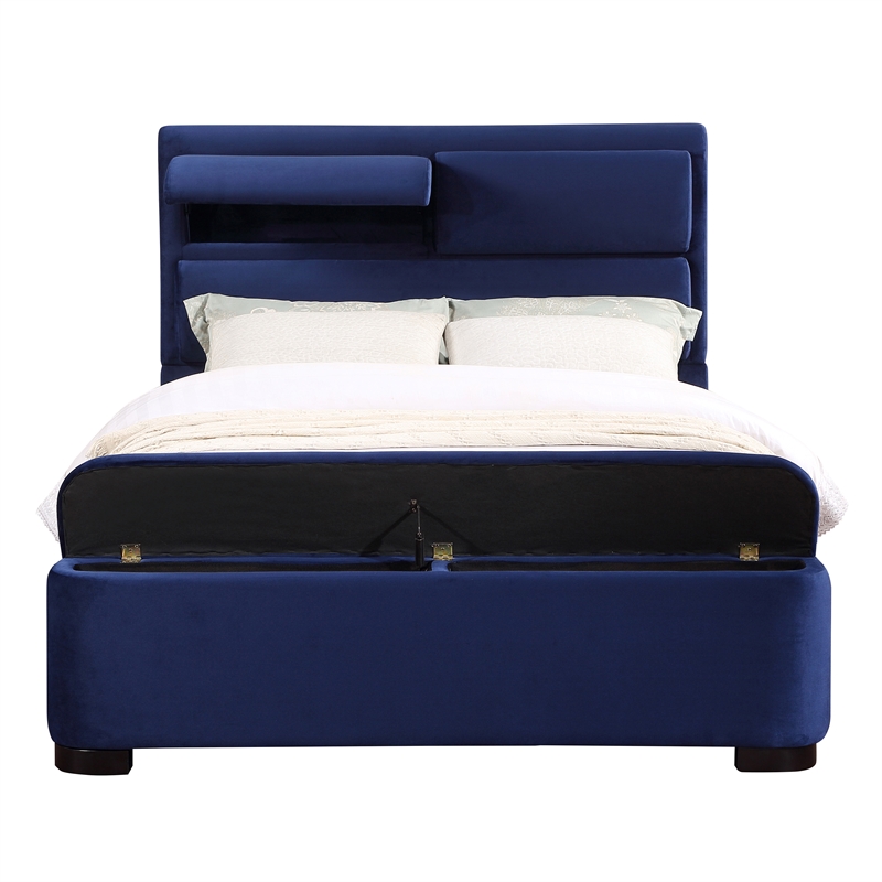 Furniture of America Fremont Contemporary Fabric Queen Bed with Storage in Navy