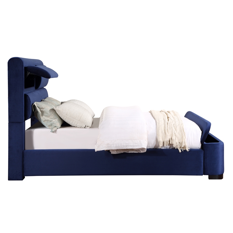 Furniture of America Fremont Contemporary Fabric Queen Bed with Storage in Navy