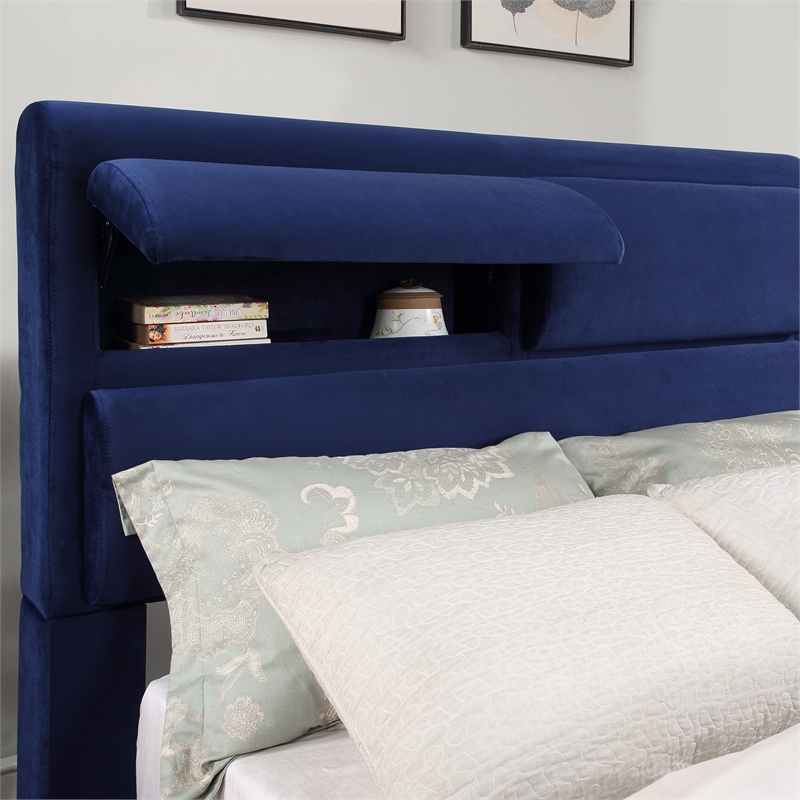 Furniture of America Fremont Contemporary Fabric Queen Bed with Storage in Navy