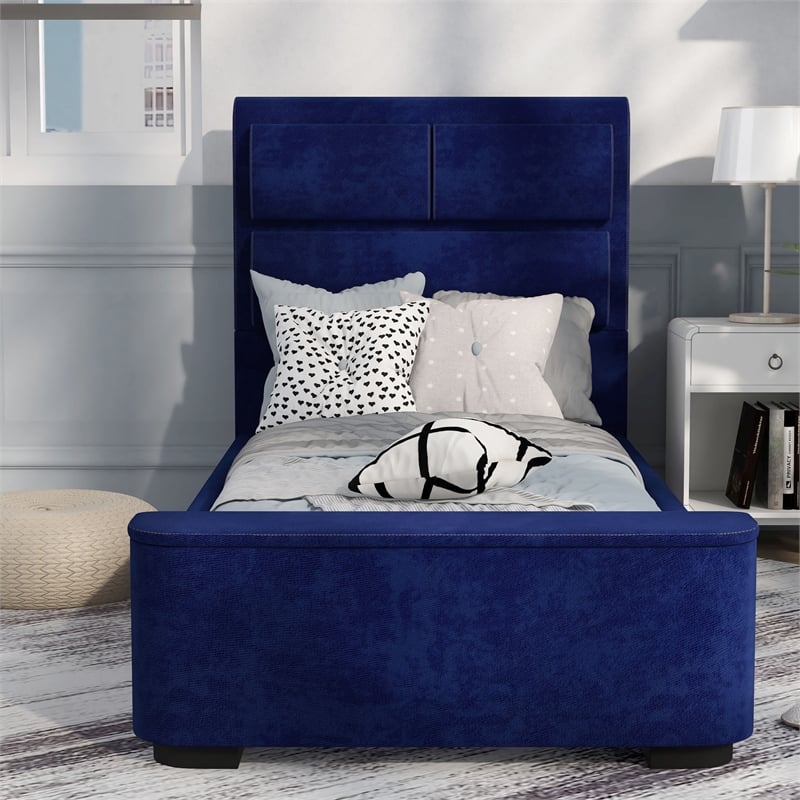 Furniture of America Fremont Contemporary Fabric Twin Bed with Storage in Navy