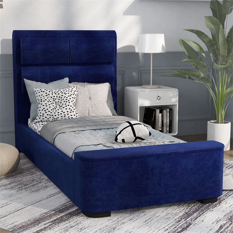 Furniture of America Fremont Contemporary Fabric Twin Bed with Storage in Navy