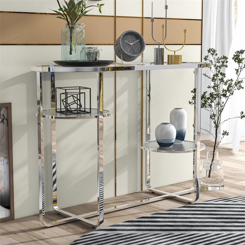 Furniture of America Ludington Metal 2-Shelf Water Ripples Sofa Table in Chrome