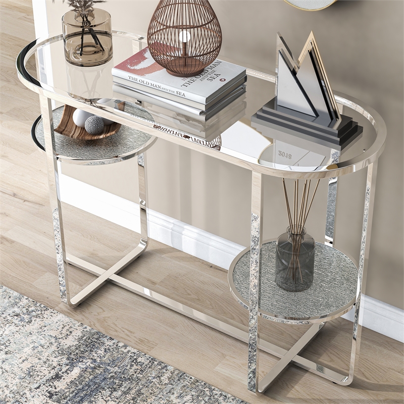 Furniture of America Ludington Metal 2-Shelf Waterfall Sofa Table in Chrome