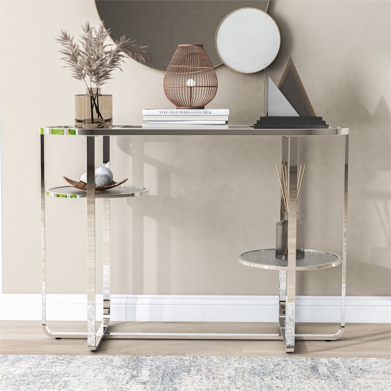 Furniture of America Ludington Metal 2-Shelf Waterfall Sofa Table in Chrome
