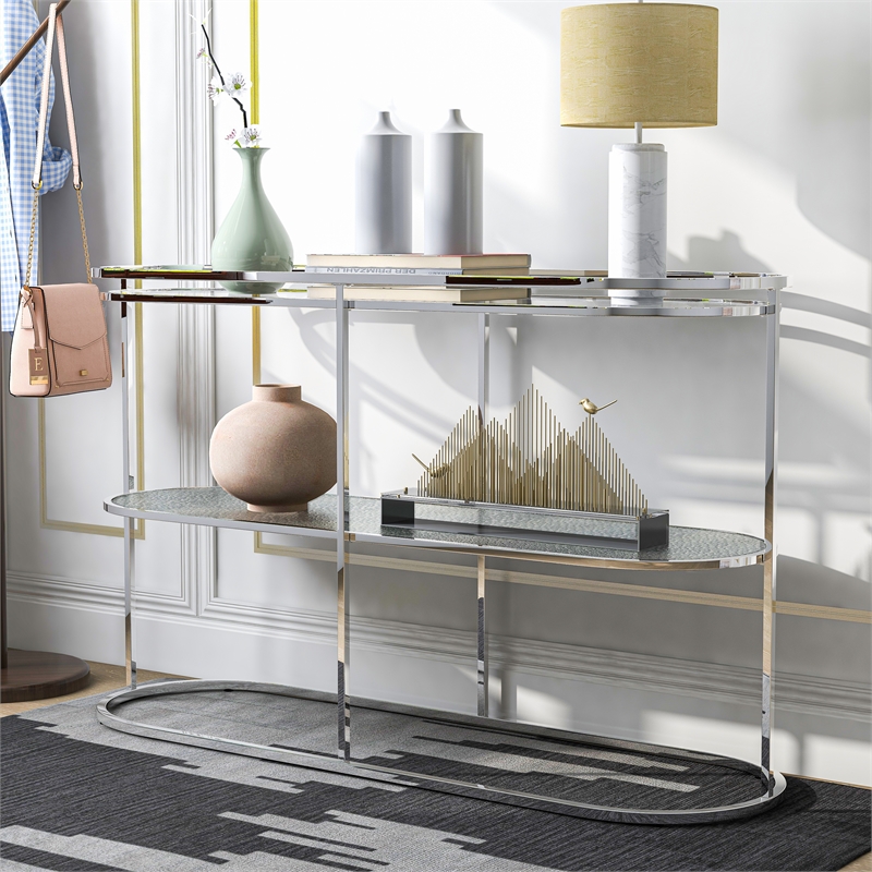 Furniture of America Ludington Metal 1-Shelf Water Ripples Sofa Table in Chrome