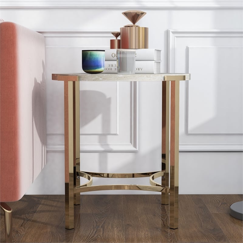 Furniture of America Vasket Contemporary Metal End Table in Gold Champagne