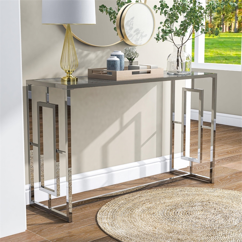 Furniture of America Harper Metal Chrome Sofa Table with Waterfall Pattern Top
