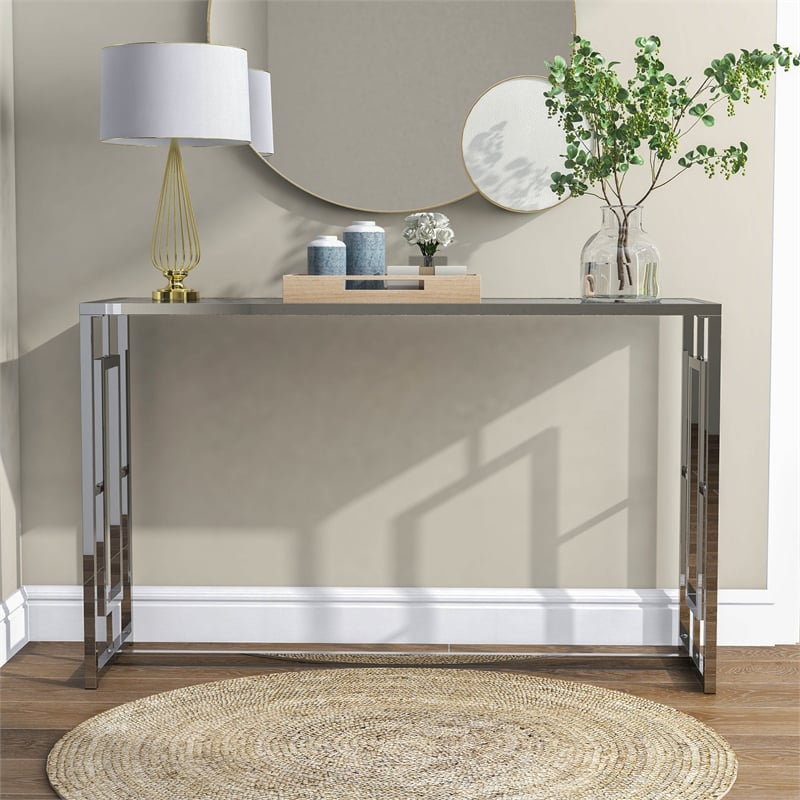 Furniture of America Harper Metal Chrome Sofa Table with Waterfall Pattern Top