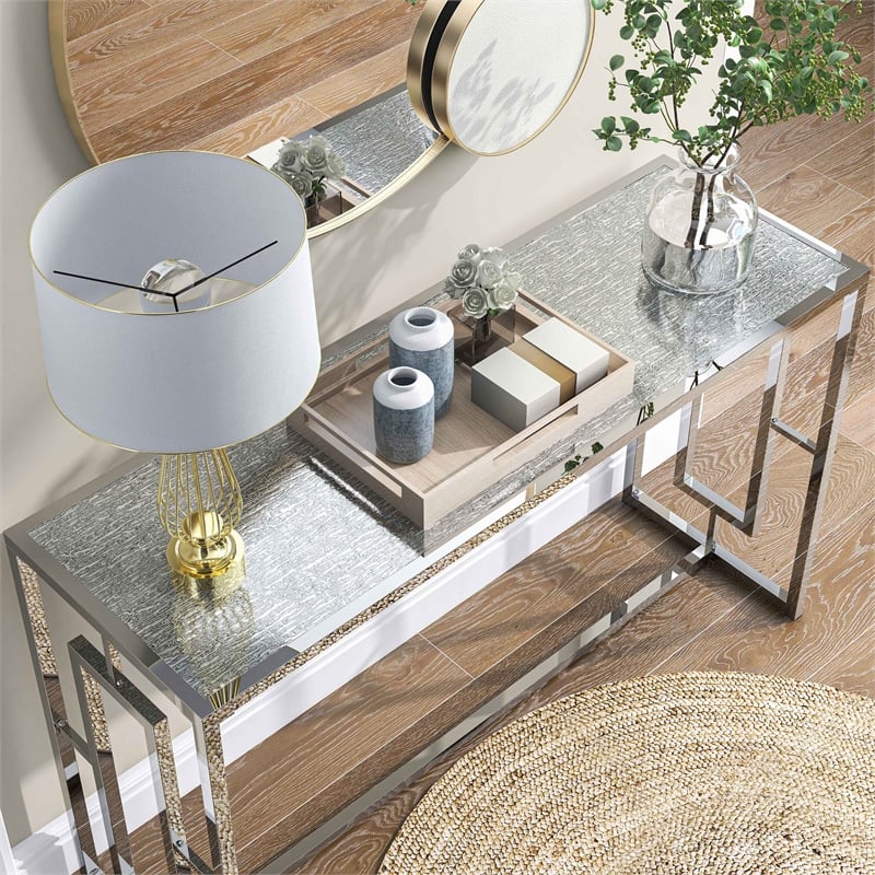 Furniture of America Harper Metal Chrome Sofa Table with Waterfall Pattern Top