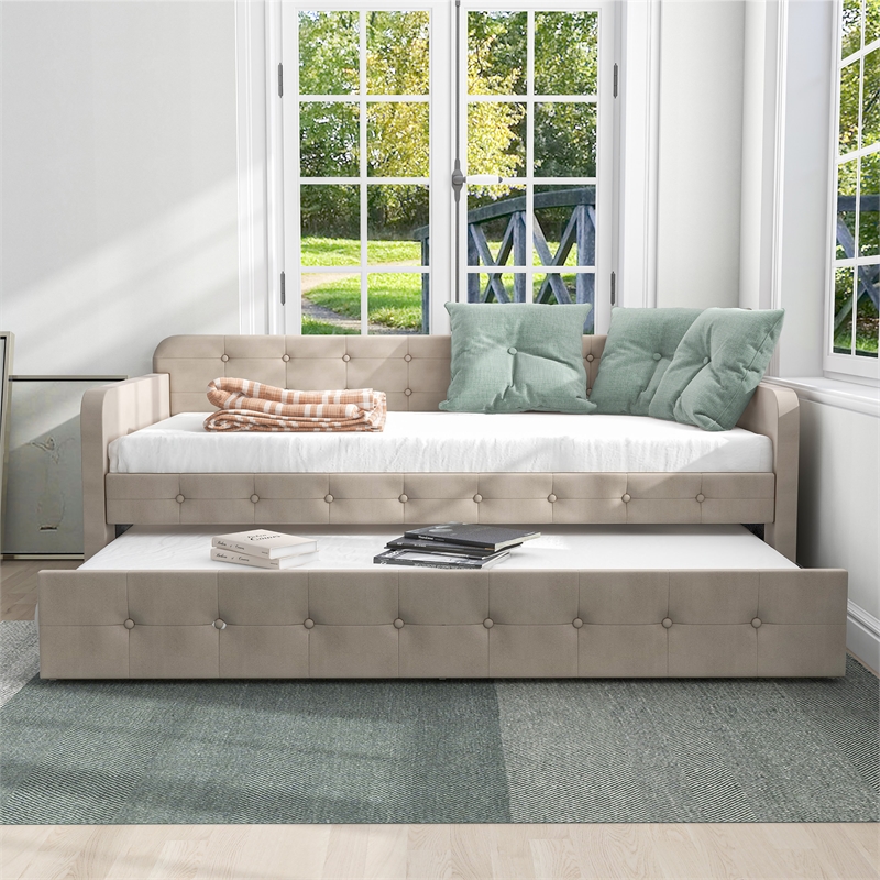 Furniture of America Harper Fabric Twin Daybed with Trundle in Beige