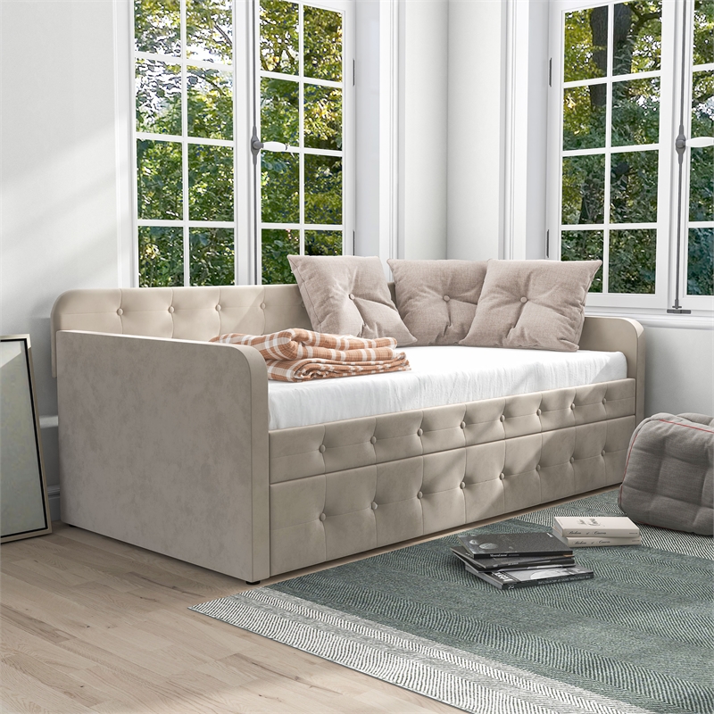 Furniture of America Harper Fabric Twin Daybed with Trundle in Beige