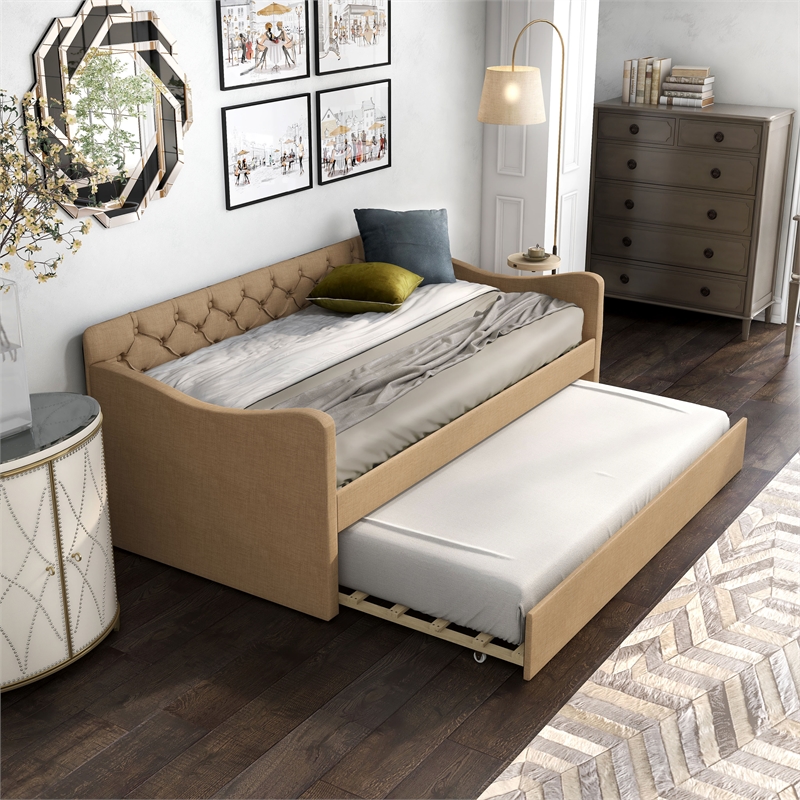Furniture of America Knolt Fabric Twin Daybed with Trundle in Brown