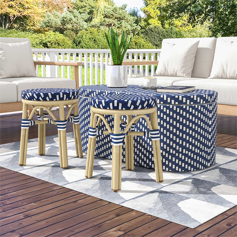 Furniture of America Hjem Aluminum 3pc Patio Coffee Table and Stool Set in Navy