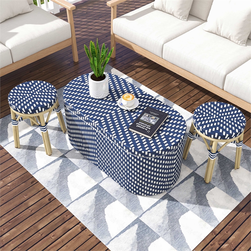 Furniture of America Hjem Aluminum 3pc Patio Coffee Table and Stool Set in Navy