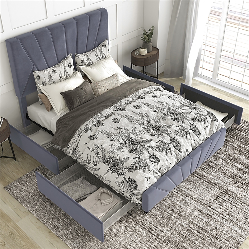 Furniture of America Harper Fabric Upholstered Queen Bed with 4-Drawer in Gray