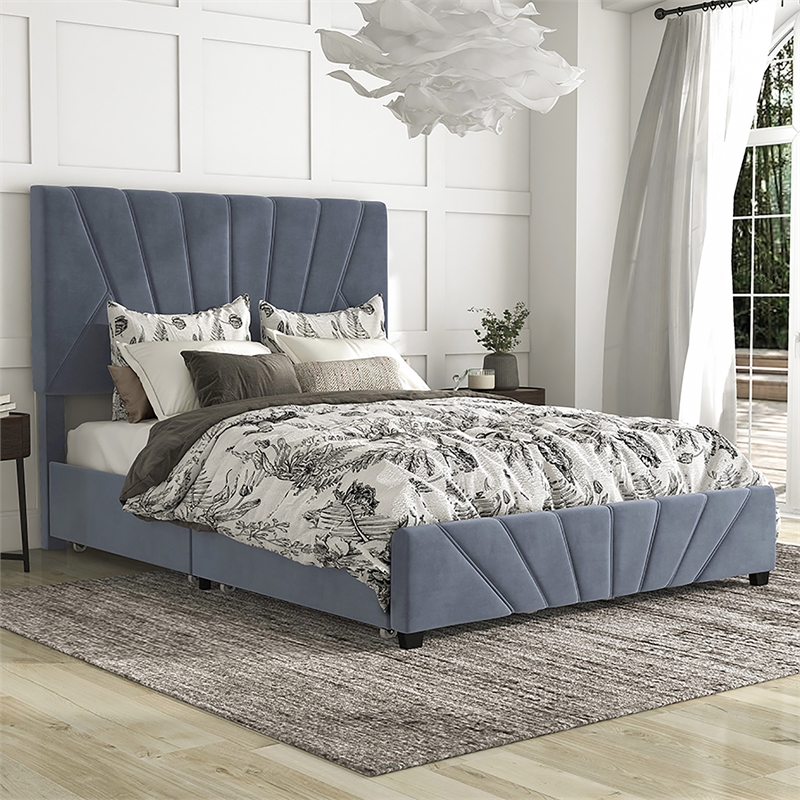 Furniture of America Harper Fabric Upholstered Queen Bed with 4-Drawer in Gray