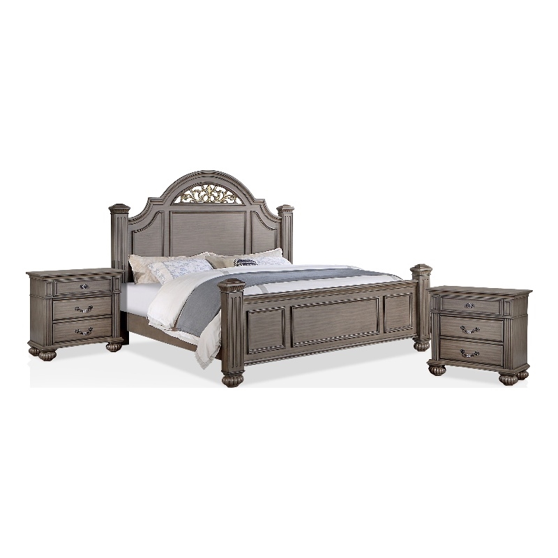 FOA Damos 3-Piece Gray Solid Wood Panel Bedroom Set - King + 2 Nightstands