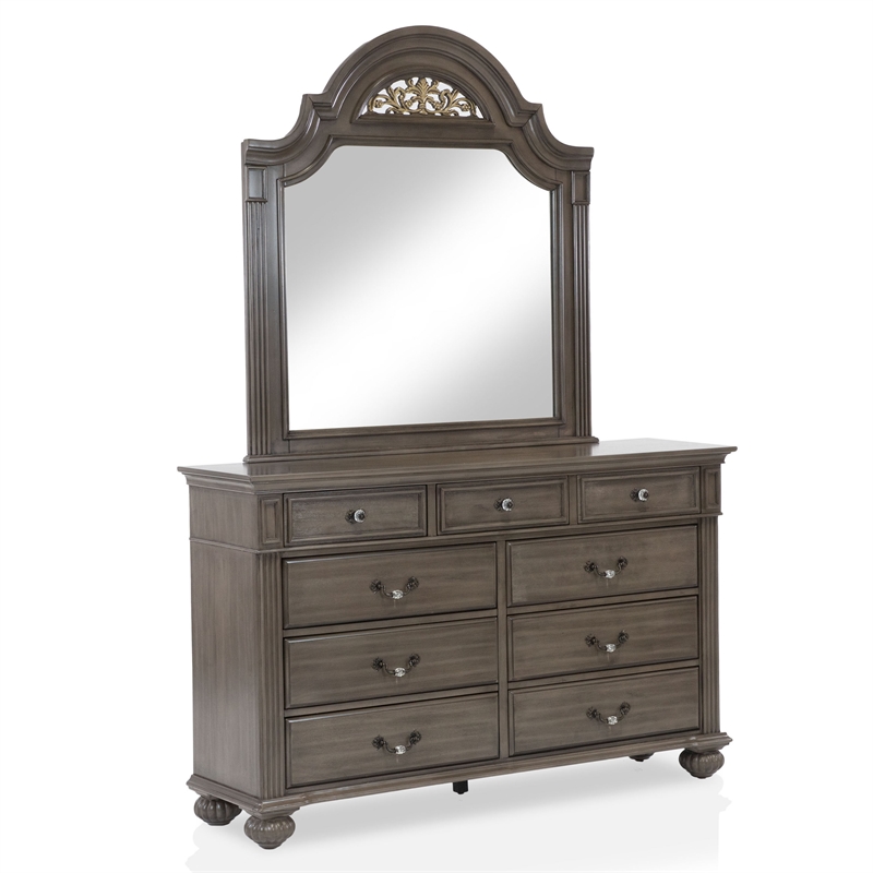 FOA Damos 6pc Gray Wood Bedroom Set-King+2 Nightstands+Chest+Dresser+Mirror