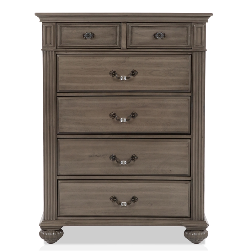 FOA Damos 6pc Gray Wood Bedroom Set-King+2 Nightstands+Chest+Dresser+Mirror