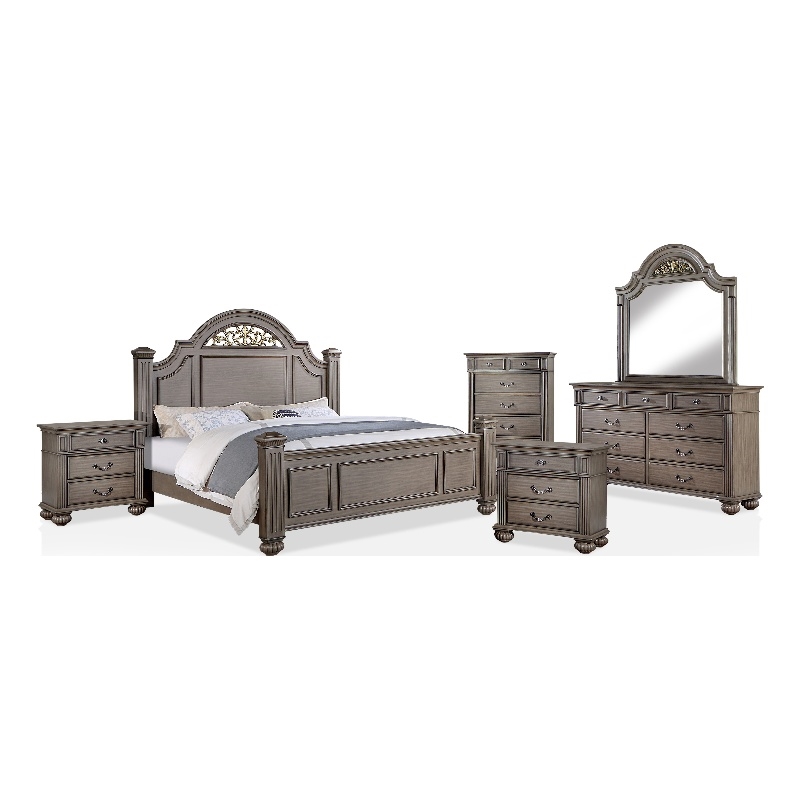FOA Damos 6pc Gray Wood Bedroom Set-King+2 Nightstands+Chest+Dresser+Mirror