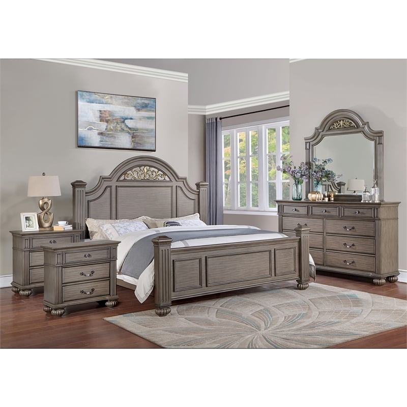 FOA Damos 5pc Gray Wood Bedroom Set - Queen+2 Nightstands+Dresser+Mirror