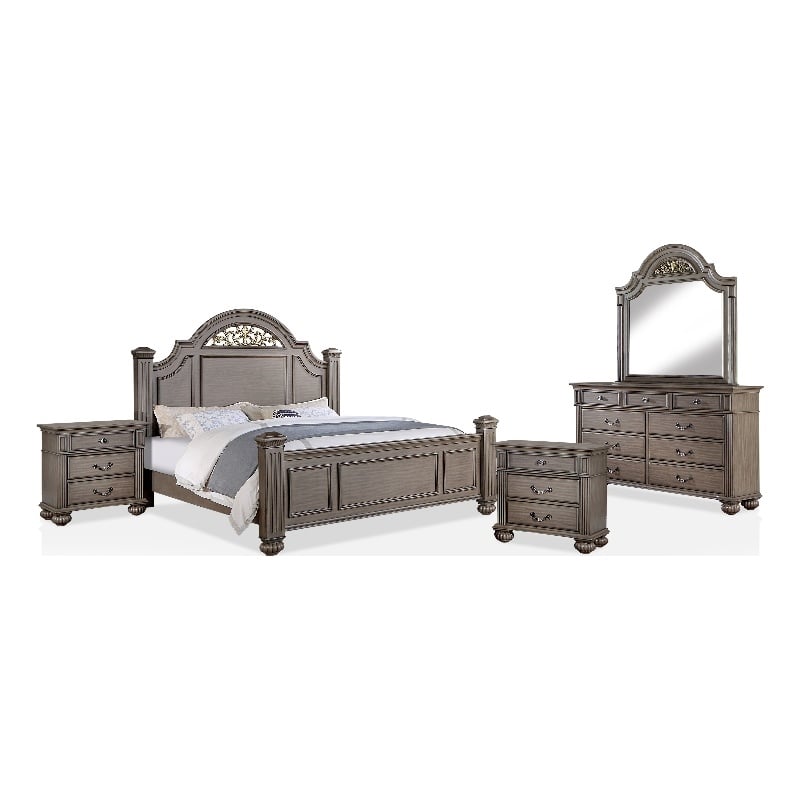 FOA Damos 5pc Gray Wood Bedroom Set - Queen+2 Nightstands+Dresser+Mirror