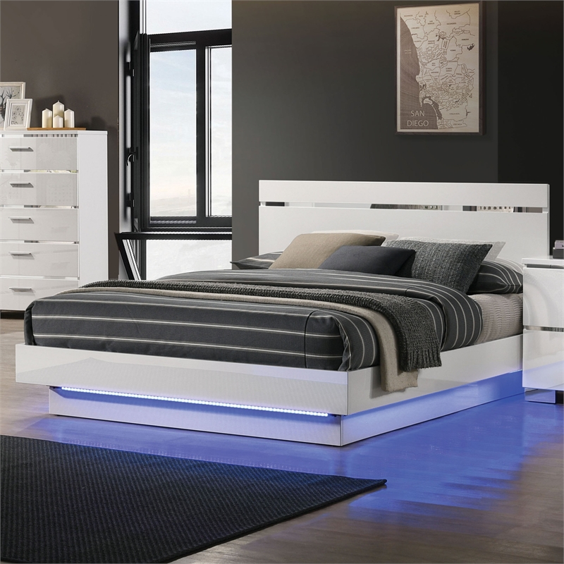 Furniture of America Malva Solid Wood Cal King Bed with LED Light in White