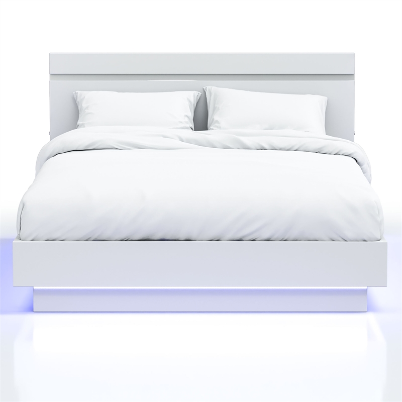Furniture of America Malva Solid Wood Eastern King Bed with LED Light in White