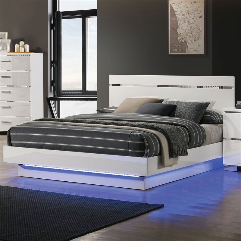 Furniture of America Malva Solid Wood Eastern King Bed with LED Light in White