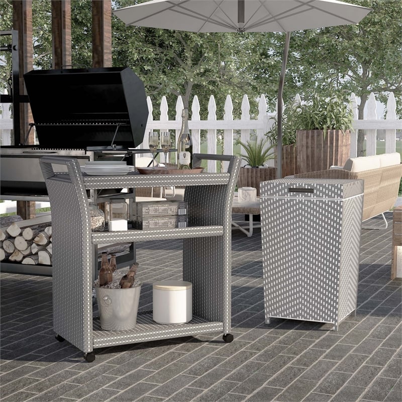 Furniture of America Azur Aluminum 2-Piece Bar Cart and Trash Can in Gray