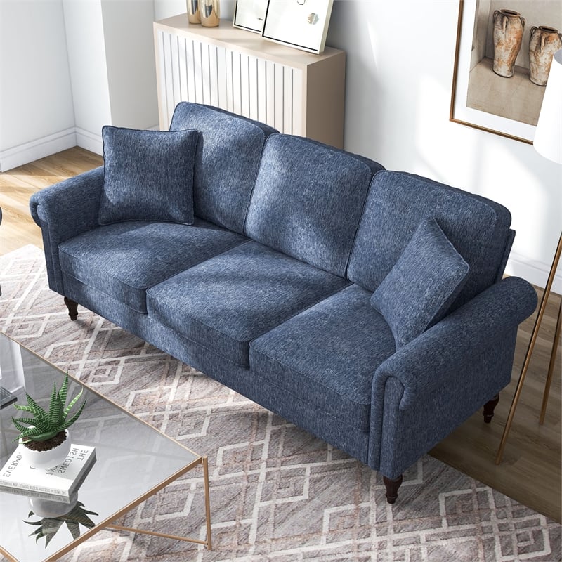 Furniture of America Elm Chenille Upholstered Blue Sofa and Care Kit