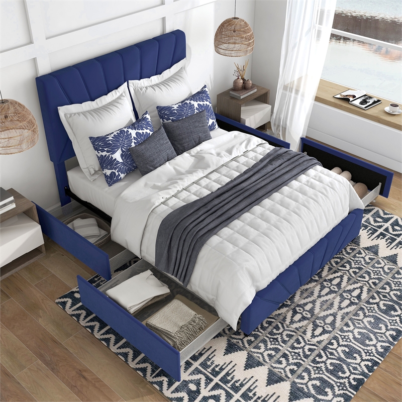 Furniture of America Harper Fabric Upholstered Queen Bed with 4-Drawer in Navy