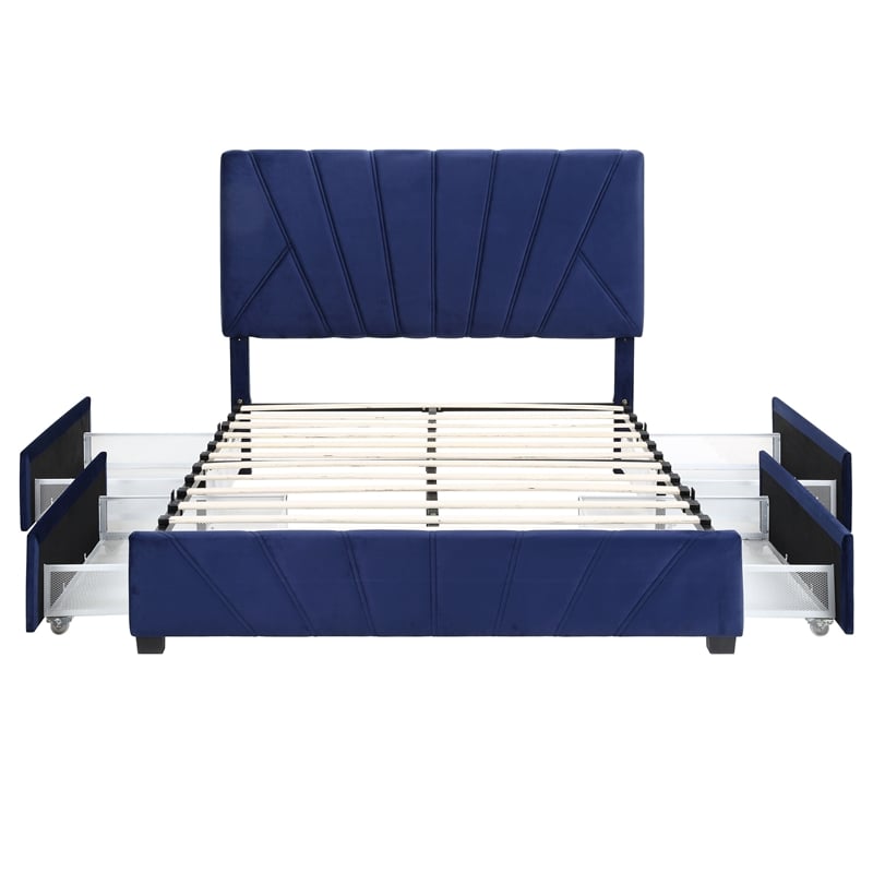 Furniture of America Harper Fabric Upholstered Full Bed with 4-Drawer in Navy
