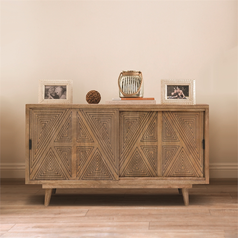 Furniture of America Kanan Art Deco Solid Wood Sliding Door Buffet in Brown