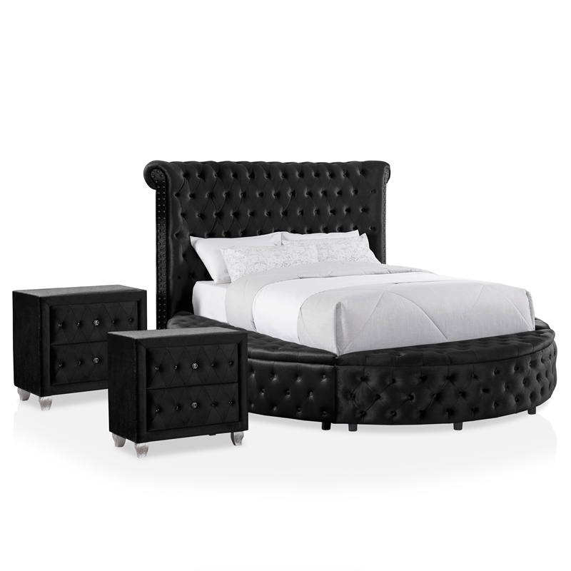 FOA Vriam 3-Piece Black Fabric Storage Bedroom Set - King + 2 Nightstands