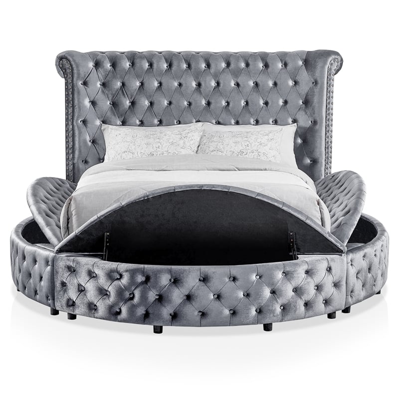 FOA Vriam 3-Piece Gray Fabric Storage Bedroom Set - King + 2 Nightstands