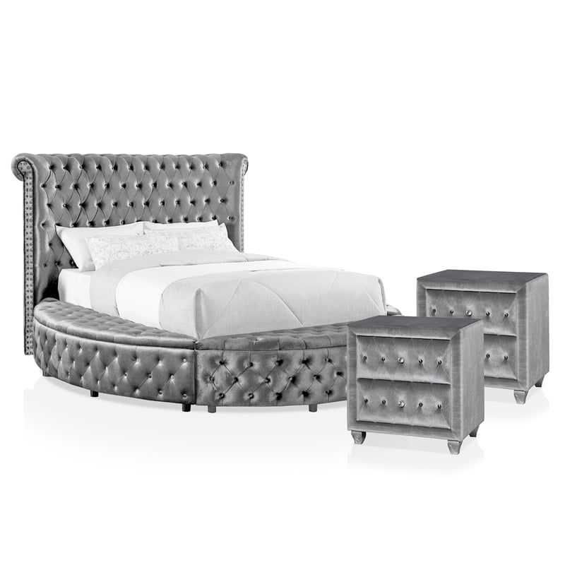 FOA Vriam 3-Piece Gray Fabric Storage Bedroom Set - King + 2 Nightstands