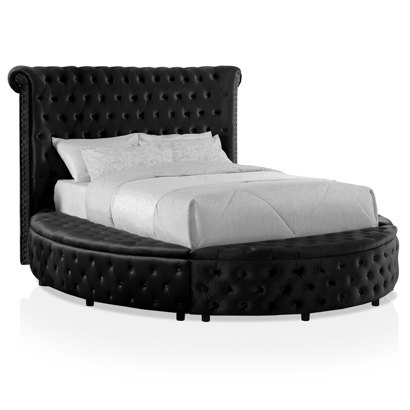 FOA Vriam 6pc Black Fabric Bed Set-King+2 Nightstands+Chest+Dresser+Mirror