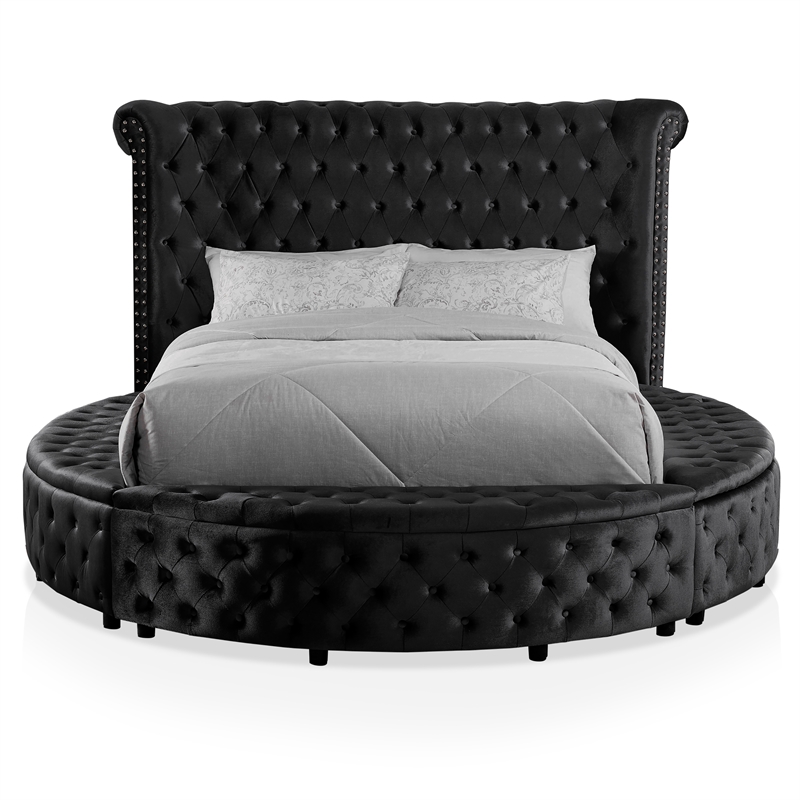 FOA Vriam 6pc Black Fabric Bed Set-King+2 Nightstands+Chest+Dresser+Mirror