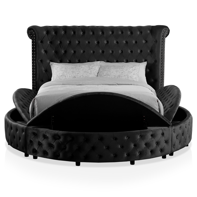 FOA Vriam 6pc Black Fabric Bed Set-King+2 Nightstands+Chest+Dresser+Mirror