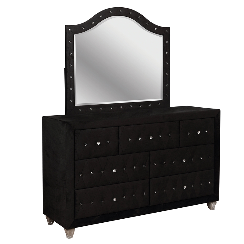 FOA Vriam 6pc Black Fabric Bed Set-King+2 Nightstands+Chest+Dresser+Mirror