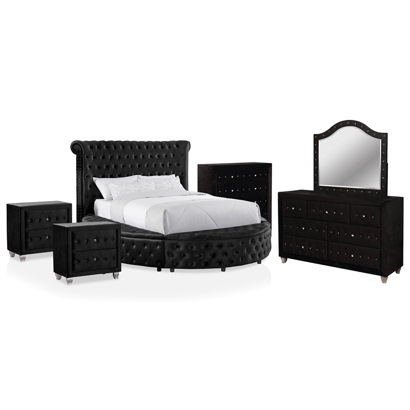 FOA Vriam 6pc Black Fabric Bed Set-King+2 Nightstands+Chest+Dresser+Mirror