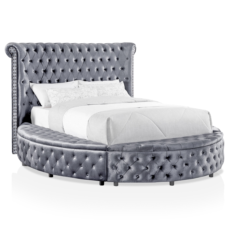 FOA Vriam 6pc Gray Fabric Bed Set-Cal King+2 Nightstands+Chest+Dresser+Mirror