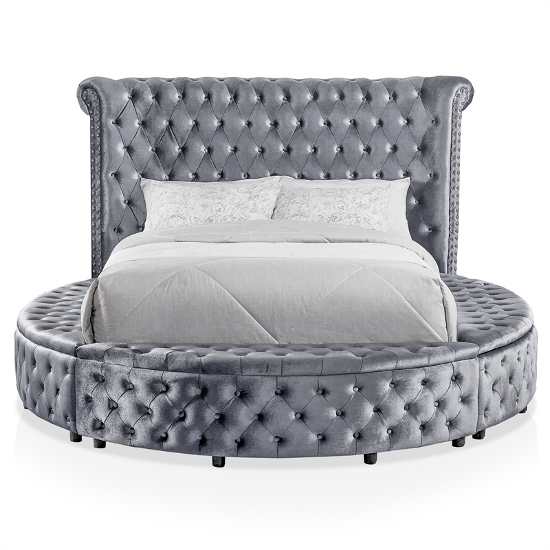 FOA Vriam 6pc Gray Fabric Bed Set-Cal King+2 Nightstands+Chest+Dresser+Mirror
