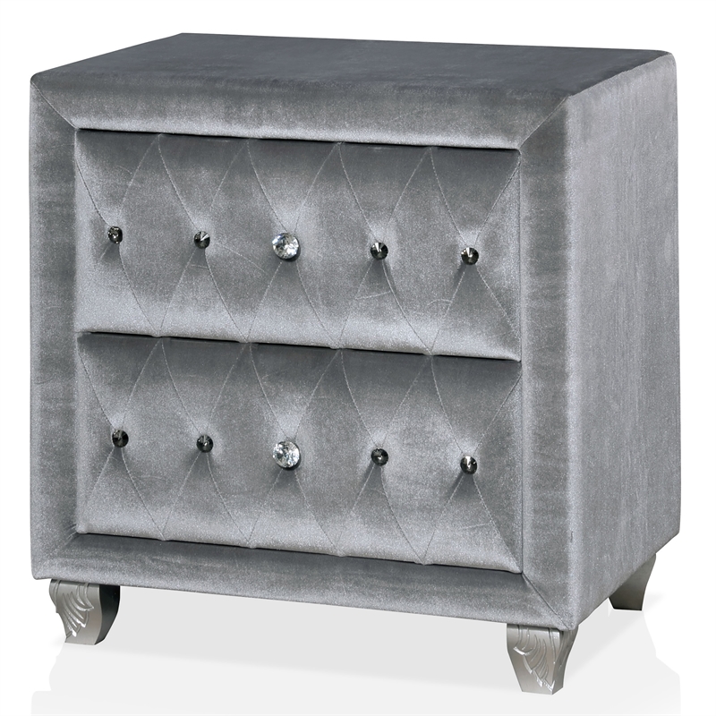 FOA Vriam 6pc Gray Fabric Bed Set-Cal King+2 Nightstands+Chest+Dresser+Mirror
