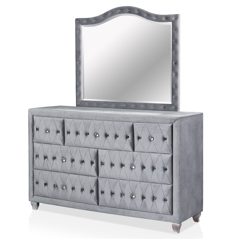 FOA Vriam 6pc Gray Fabric Bed Set-Cal King+2 Nightstands+Chest+Dresser+Mirror