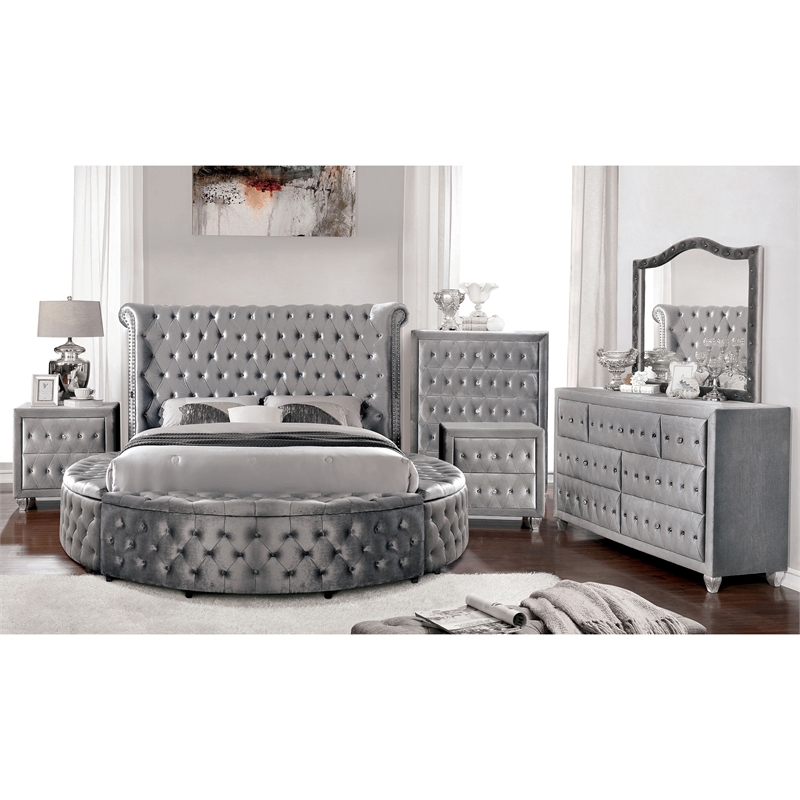 FOA Vriam 6pc Gray Fabric Bed Set-Cal King+2 Nightstands+Chest+Dresser+Mirror